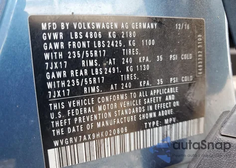 2017 Volkswagen Tiguan Wolfsburg из США, поврежденный, VIN WVGRV7AX9HK020806